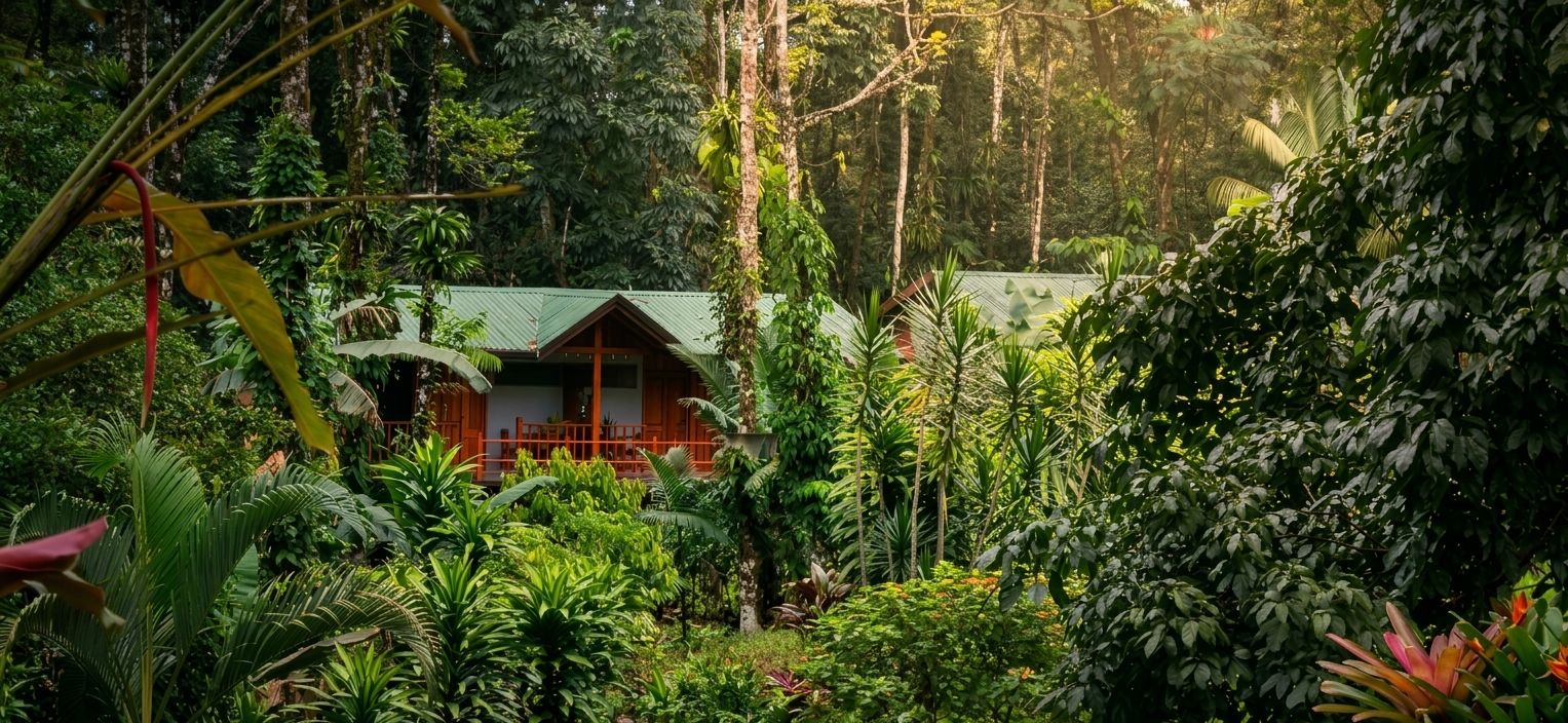 Un bâtiment rustique, entouré d’une végétation tropicale luxuriante.