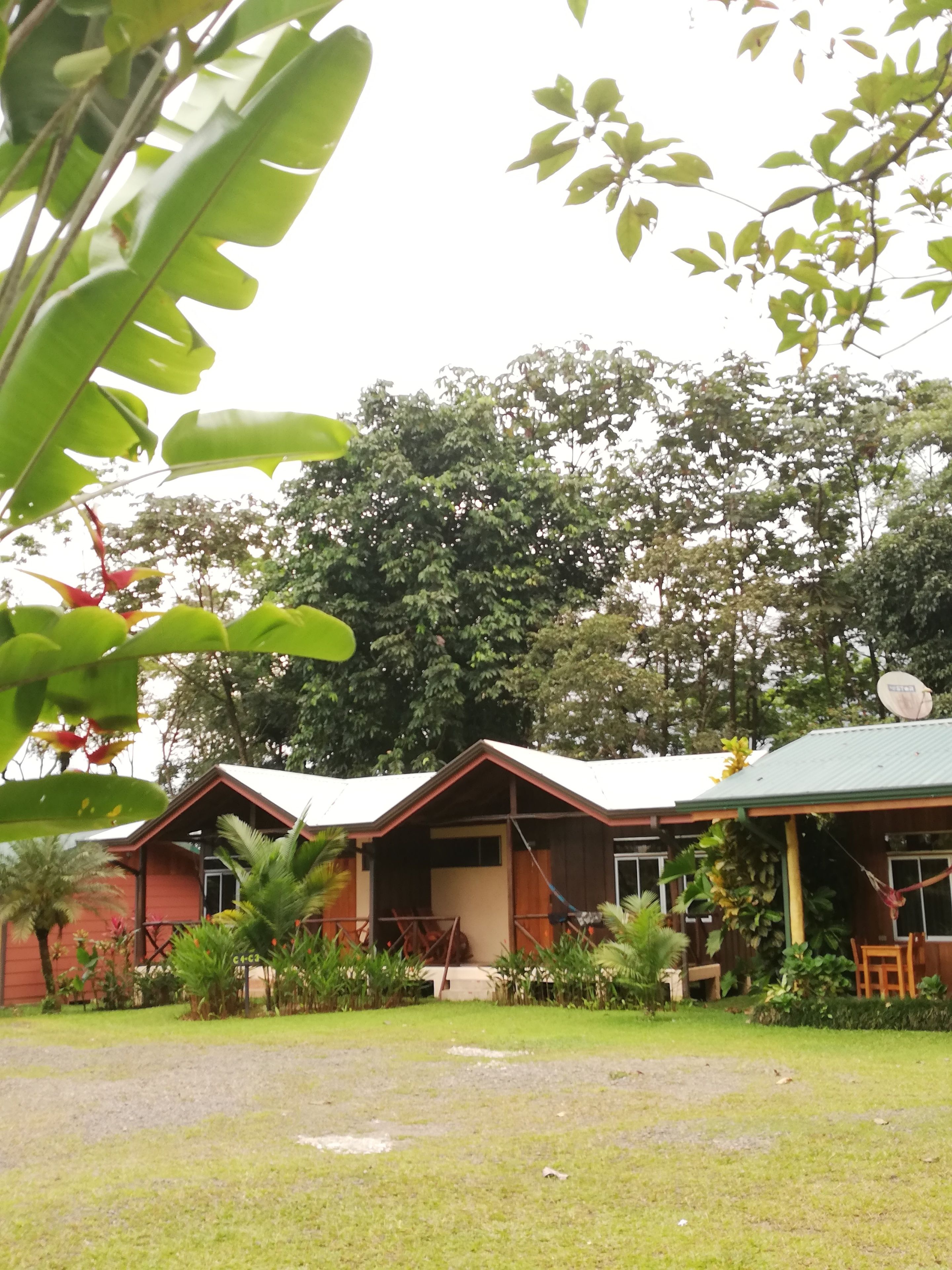 A two-story building with a red exterior and a green roof, surrounded by lush greenery and trees.