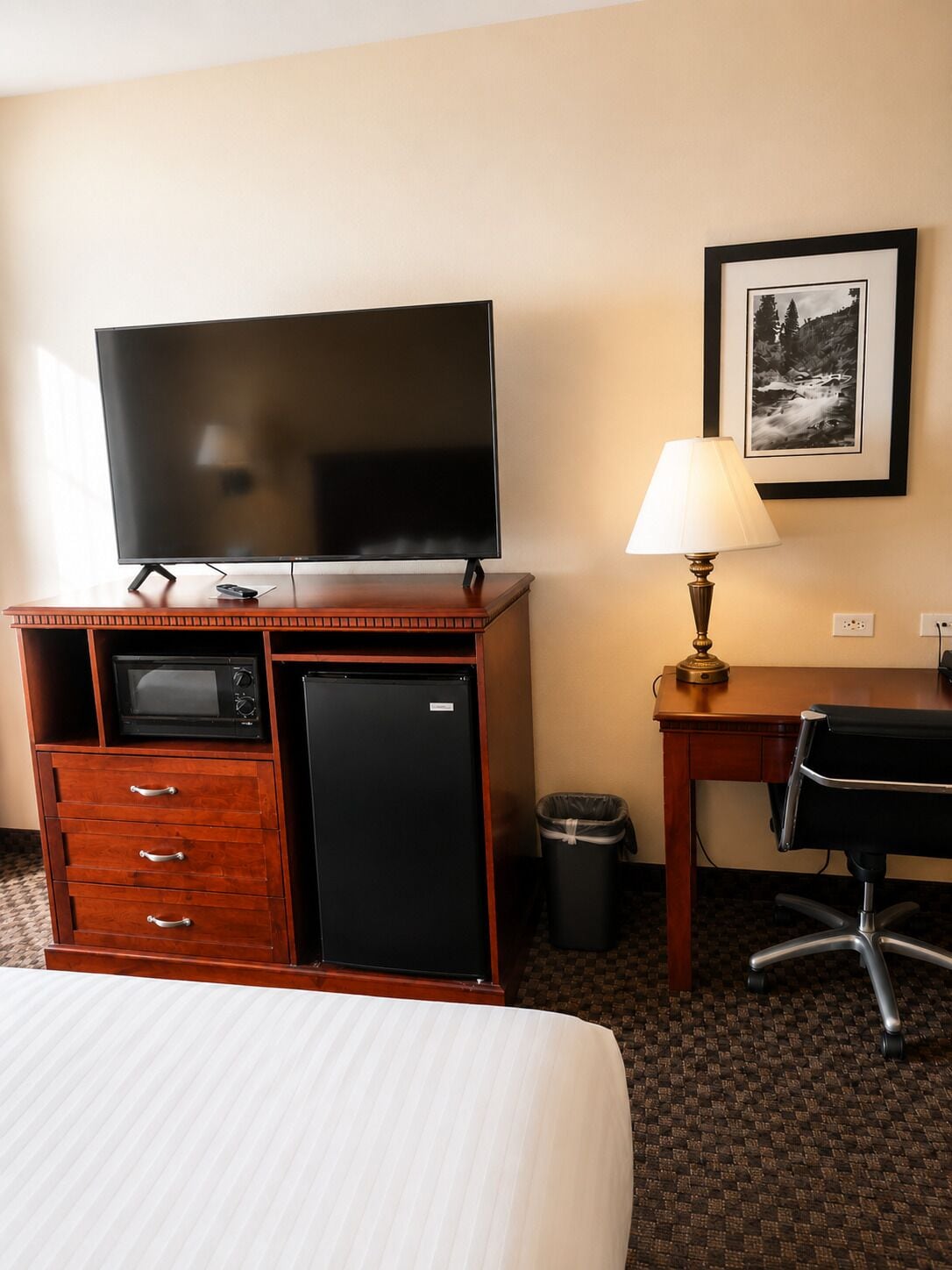 Habitación de hotel con cama, televisión, escritorio con lámpara, cubo de basura y microondas.