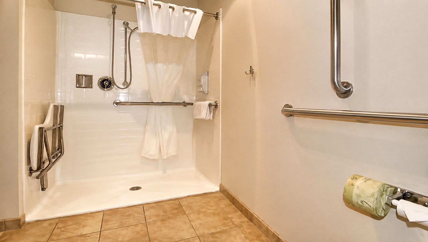 A bathroom with a walk-in shower, grab bars, a towel rack, and a toilet paper holder.