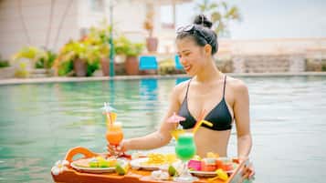 Outdoor pool, pool umbrellas, pool loungers