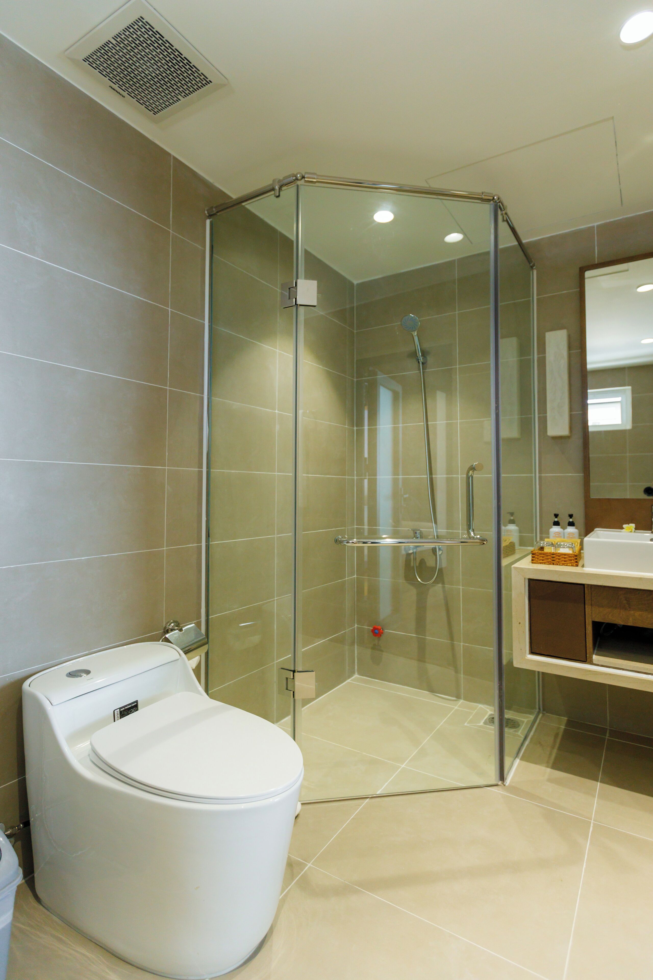 A modern bathroom with a glass-enclosed shower, a toilet, and a sink with a mirror above it.