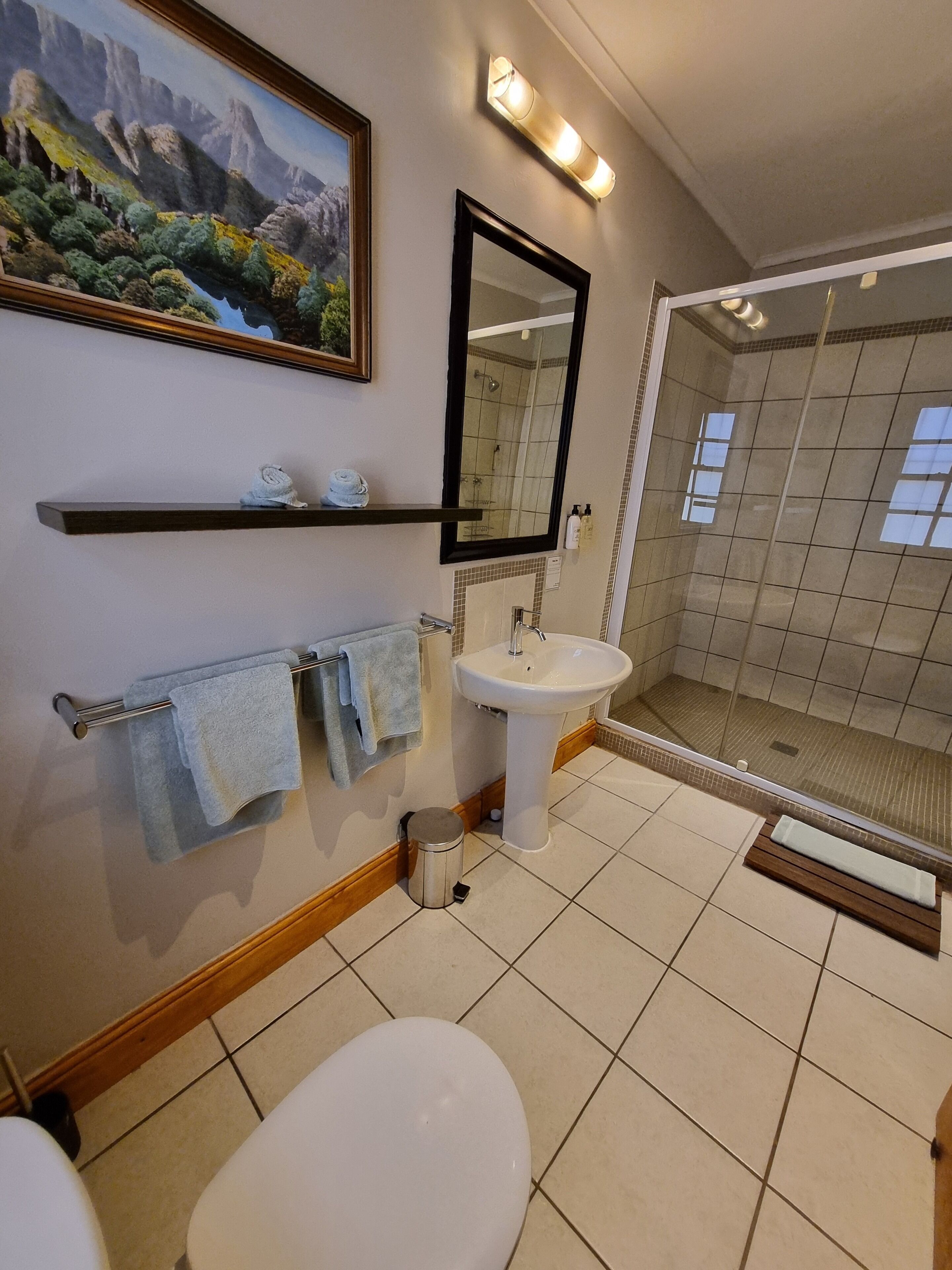 A bathroom with a toilet, sink, shower, and a painting on the wall.