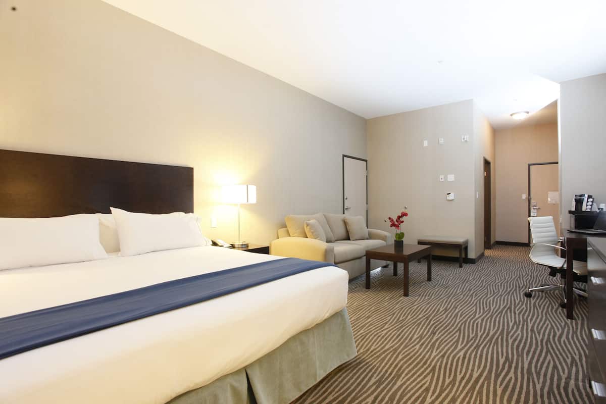 A hotel room with a large bed, a sofa, a desk, and a chair.