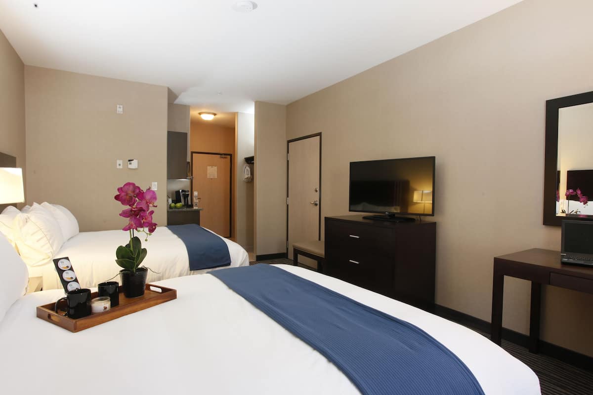 A hotel room with two beds, a TV, a desk, and a tray with a plant and cups.