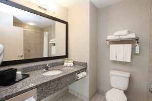 Un baño moderno con encimera de granito, dos lavamanos, un espejo grande, un inodoro y un perchero para toallas.