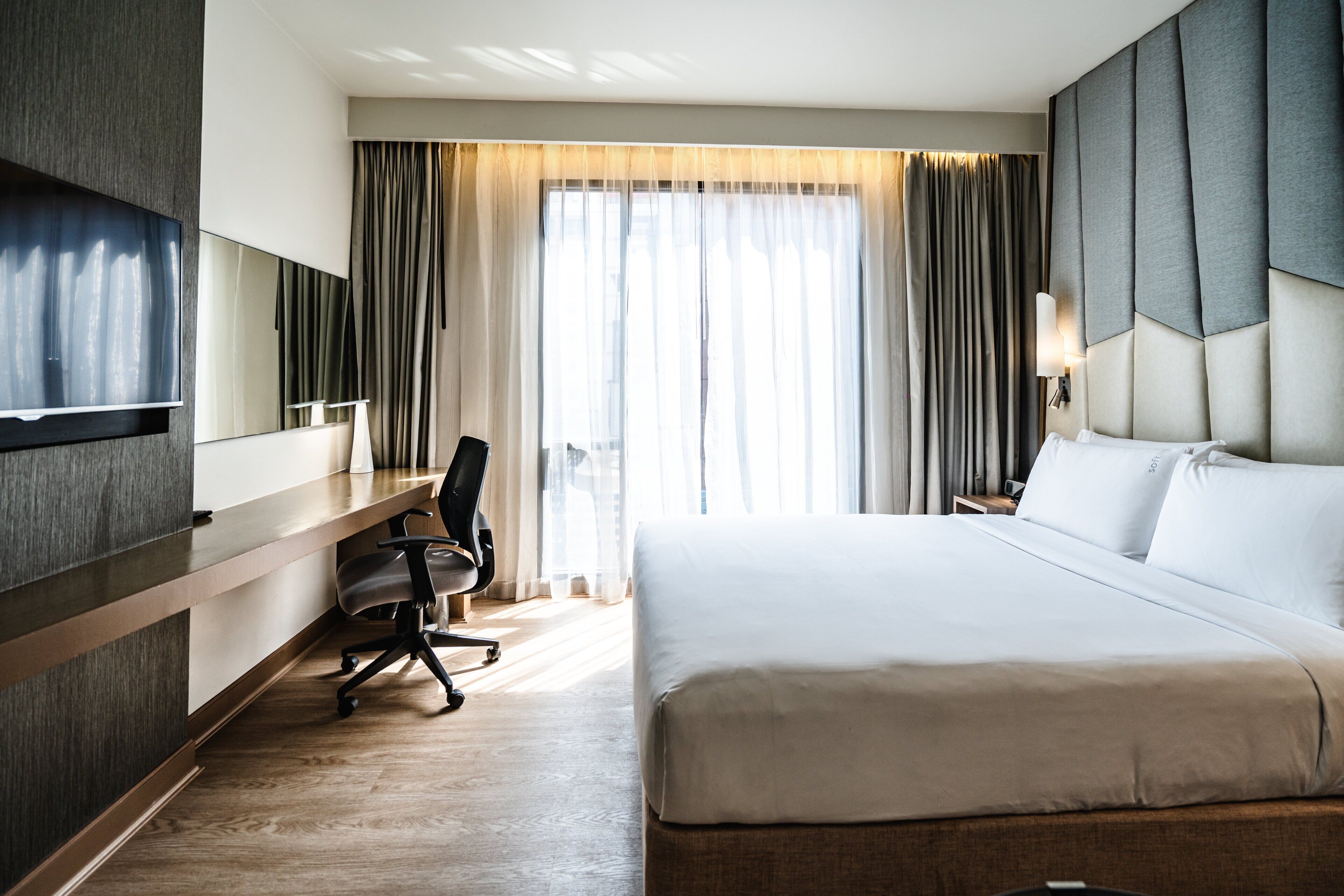 In-room safe, desk, laptop workspace, blackout curtains