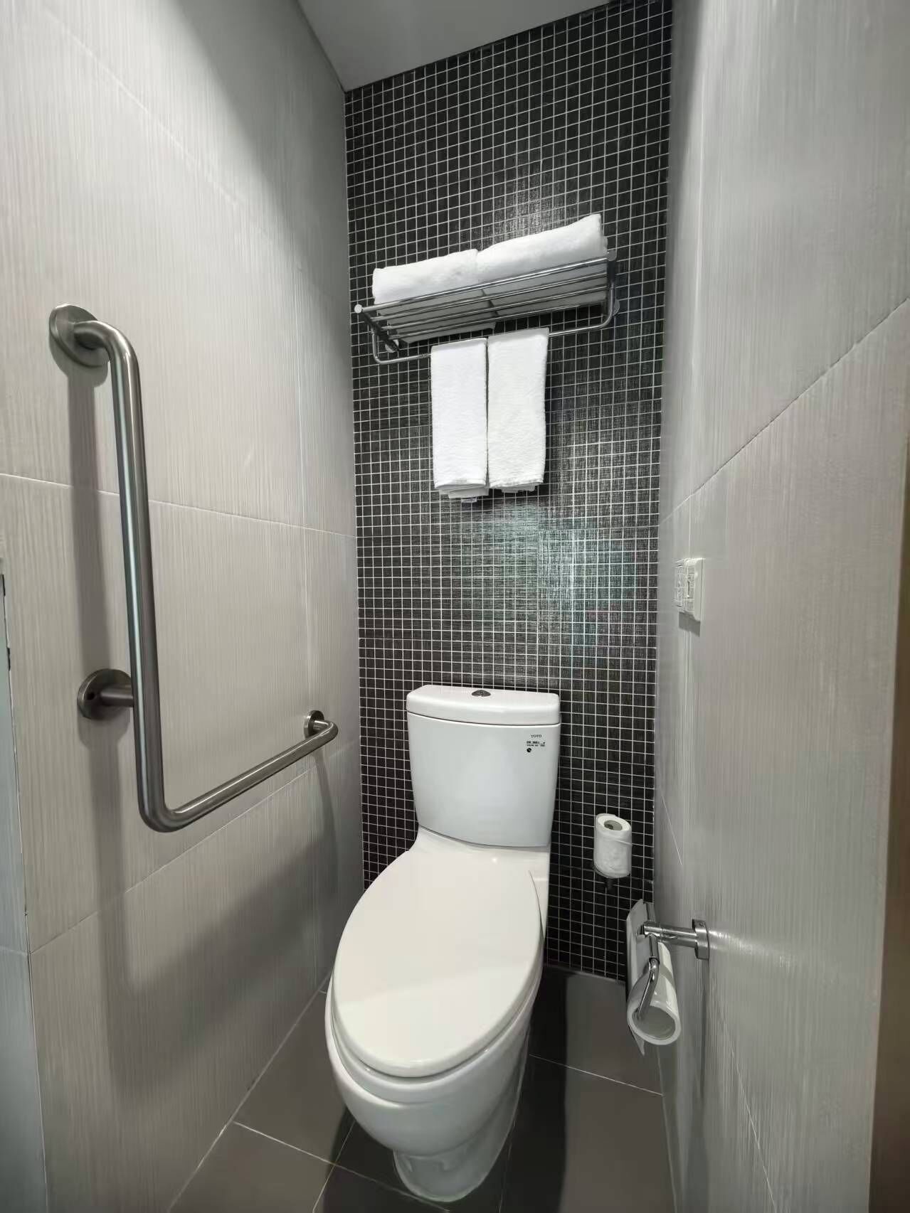 Ein modernes Badezimmer mit einer weißen Toilette, einer Haltestange und einem Handtuchhalter mit zwei weißen Handtüchern.