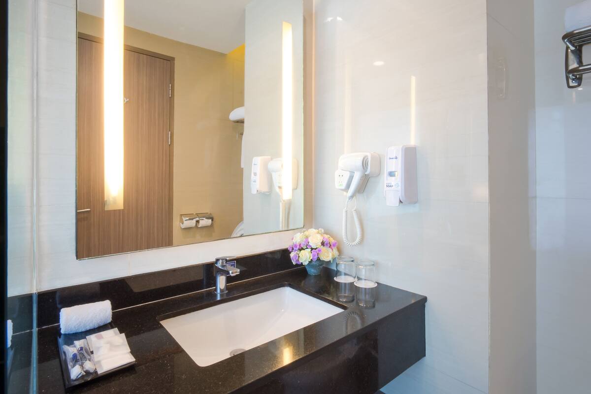 shower, free toiletries, hair dryer, slippers