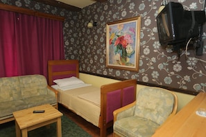 A small, cozy room with a bed, a sofa, a chair, and a television. - Konak Tammy (Platicevo)