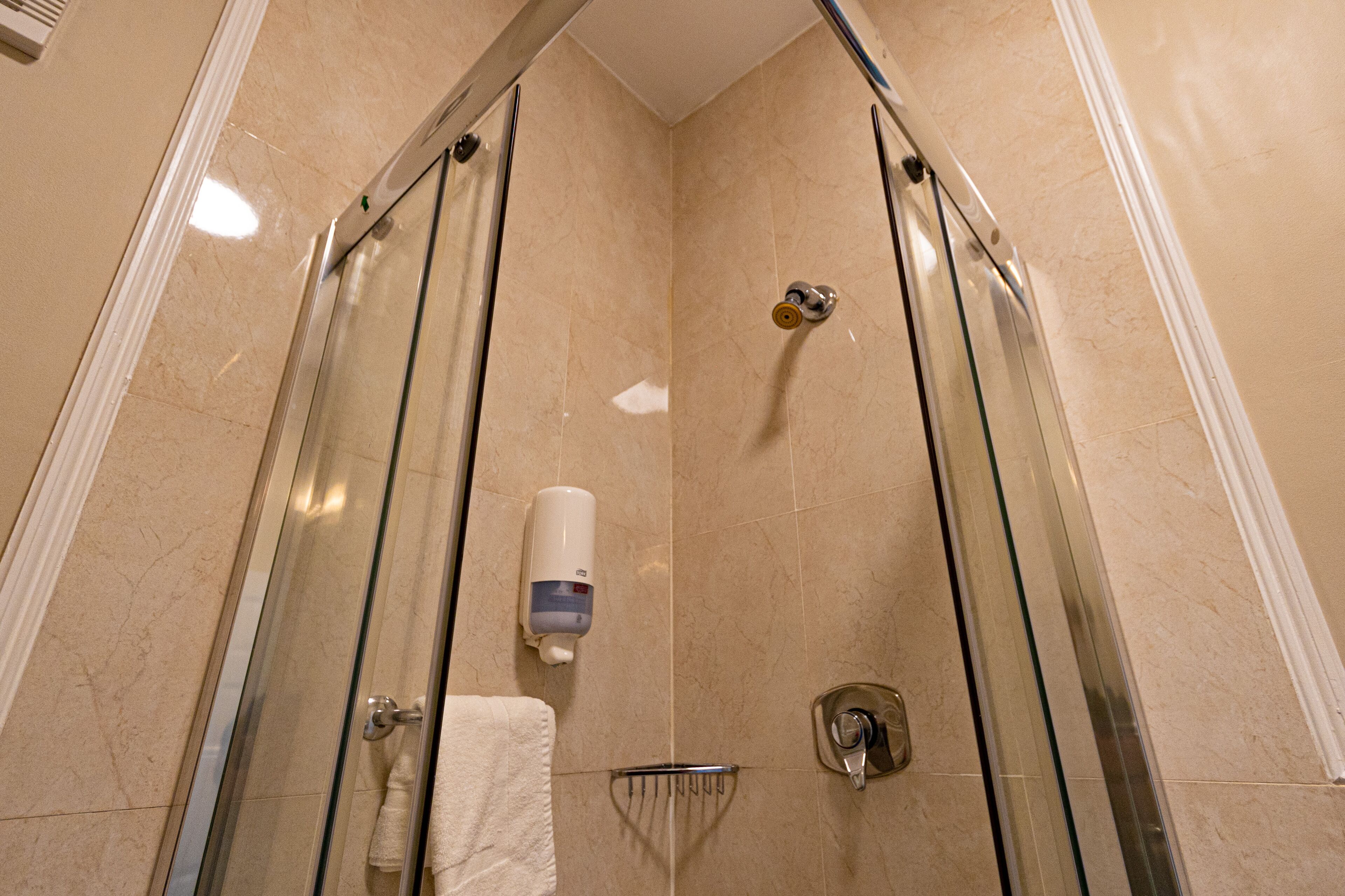 Ducha con cerramiento de vidrio, dispensador de jabón de mano y perchero para toallas.