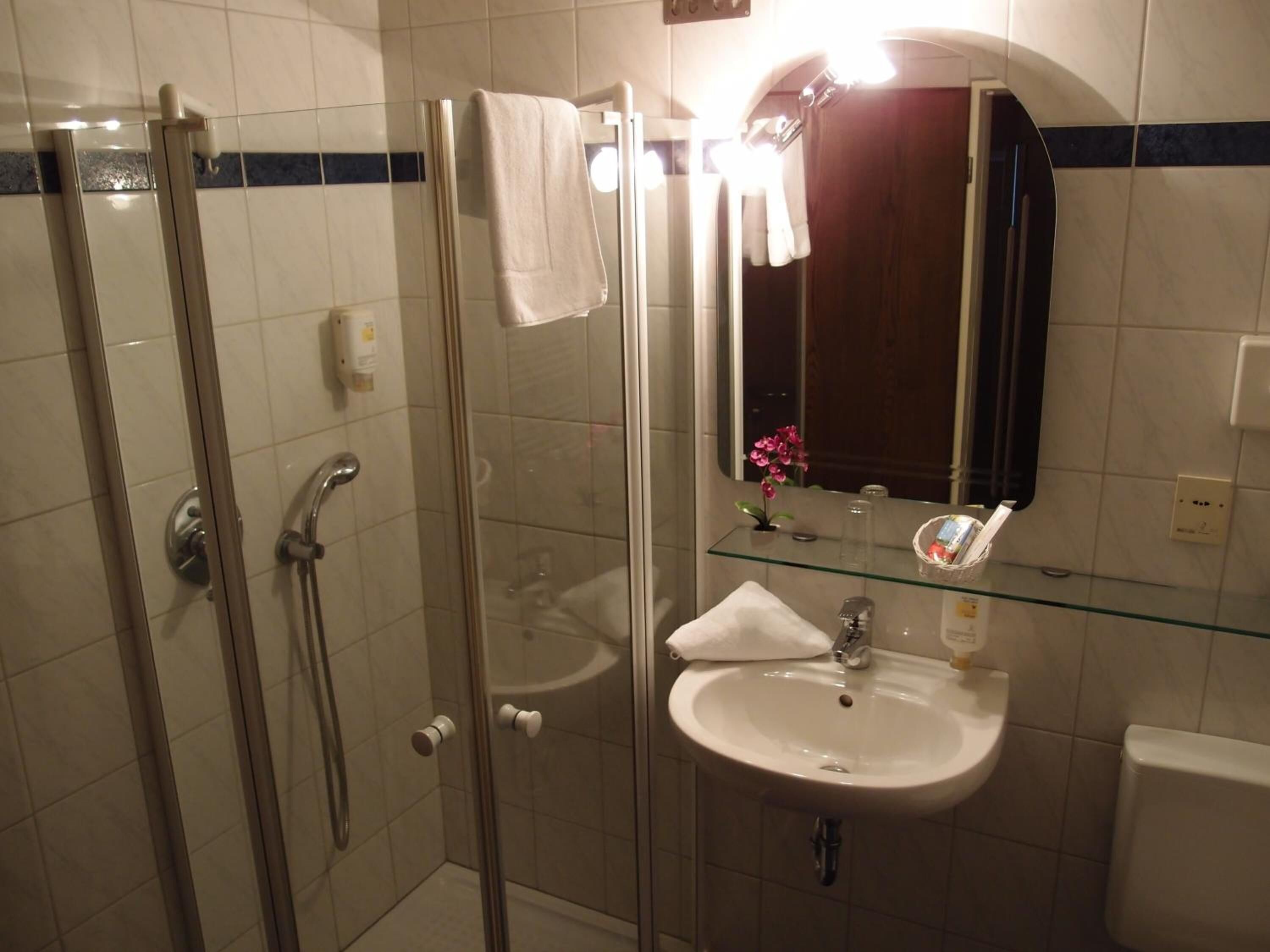 shower, hydromassage showerhead, free toiletries, hair dryer