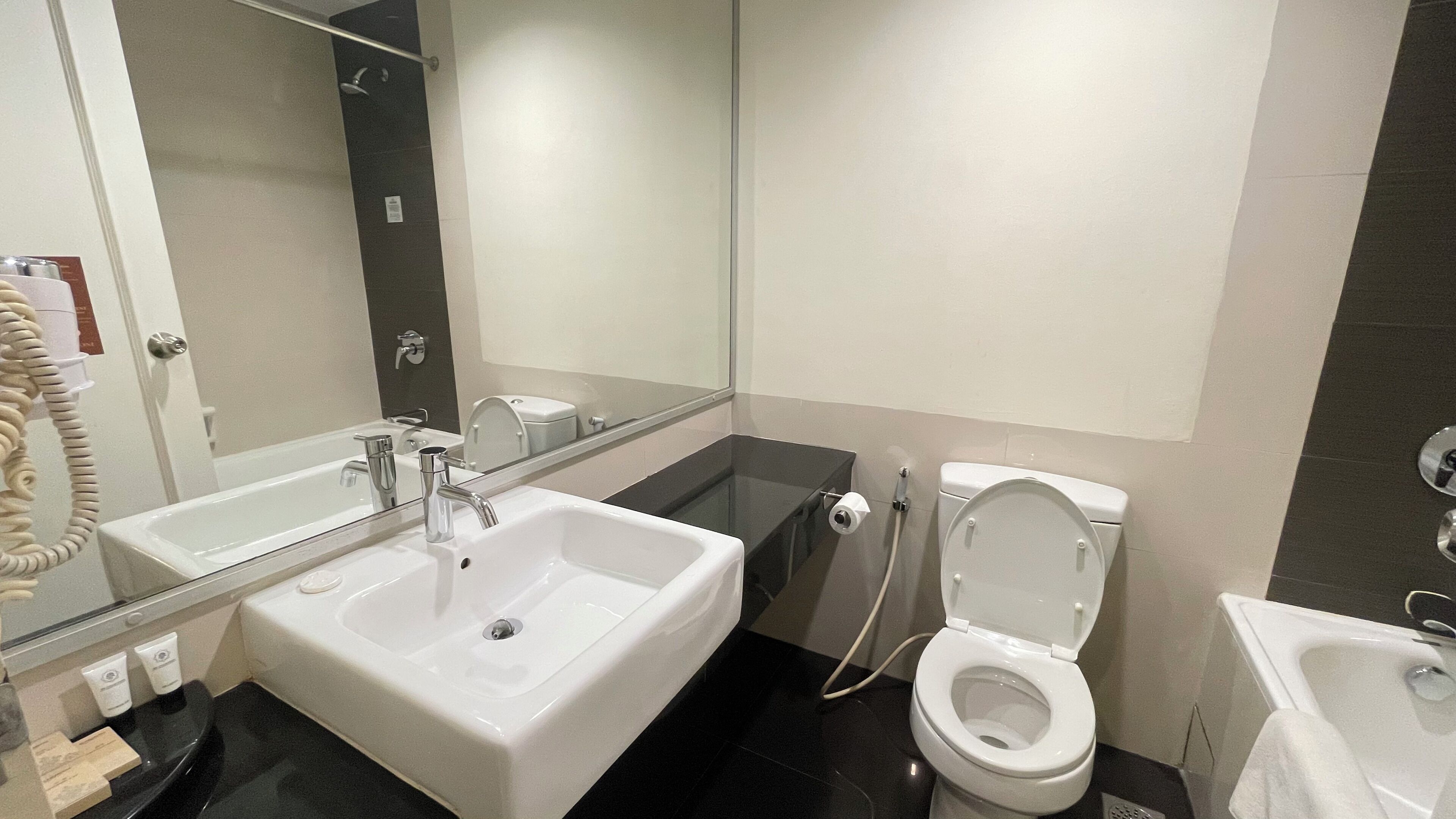 Une salle de bain moderne avec un grand miroir, un lavabo blanc, des toilettes et une baignoire.