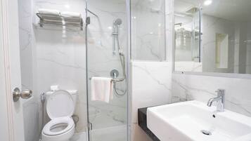 A modern bathroom with a glass-enclosed shower, a white toilet, and a large sink.
