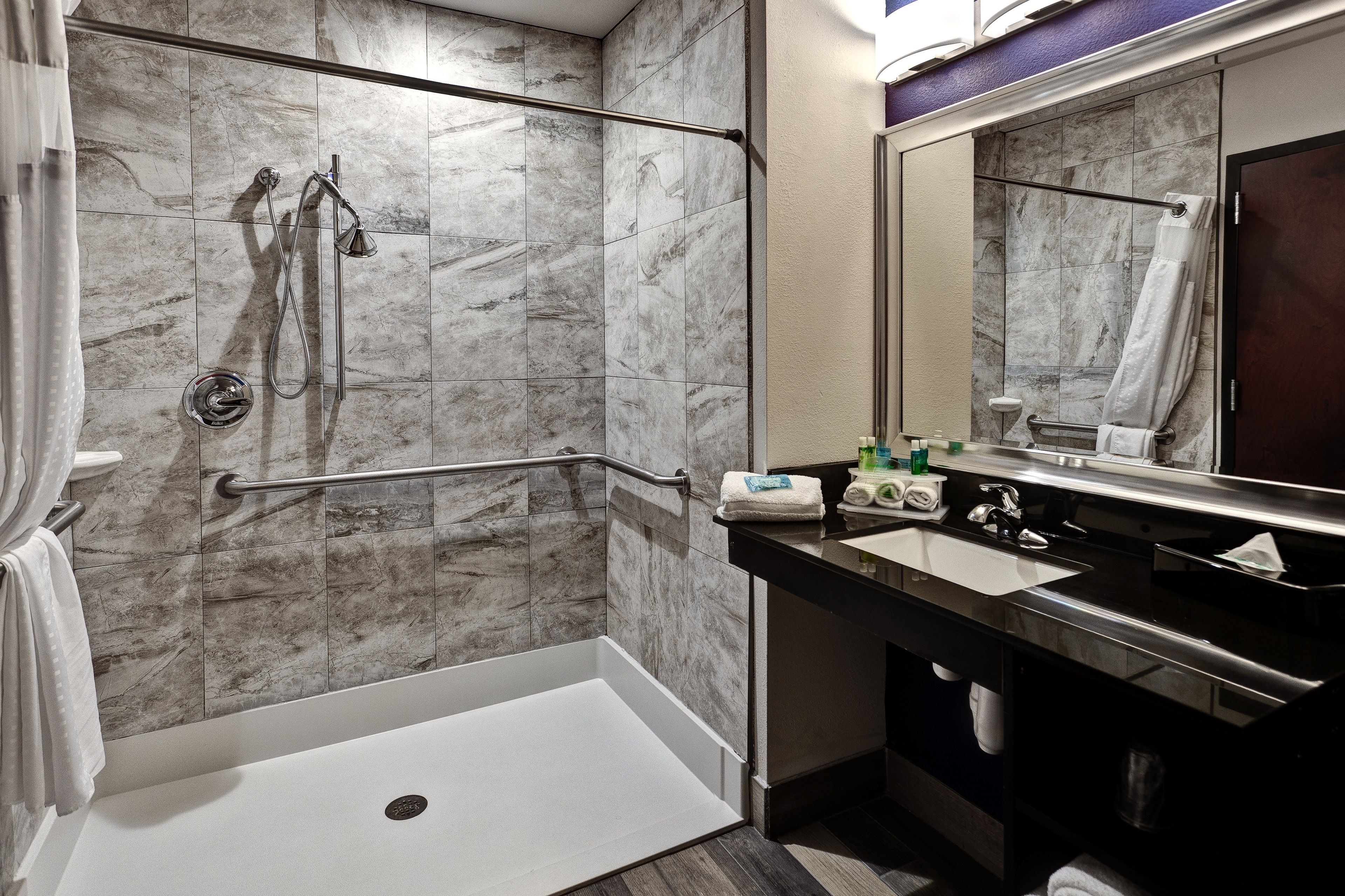 standard room, 1 king bed, accessible (roll-in shower) | bathroom | designer toiletries, hair dryer, towels, soap