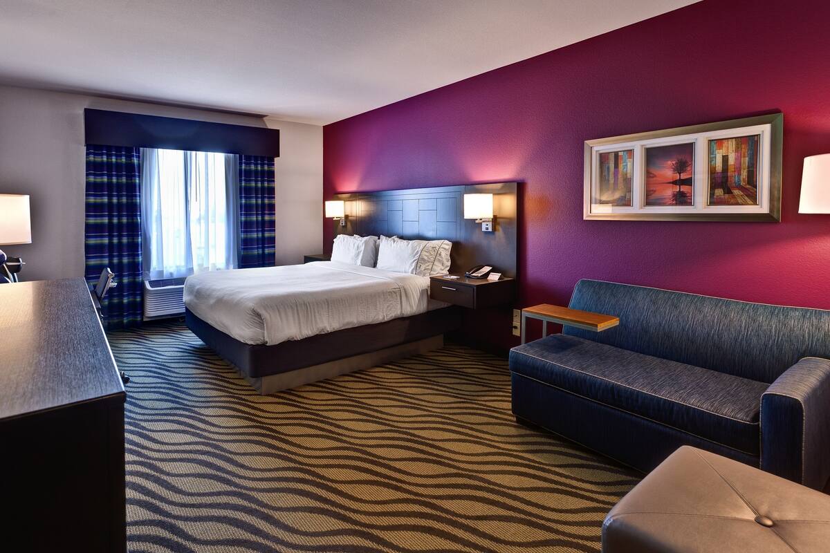 A hotel room with a bed, a sofa, a desk, and a painting on the wall.