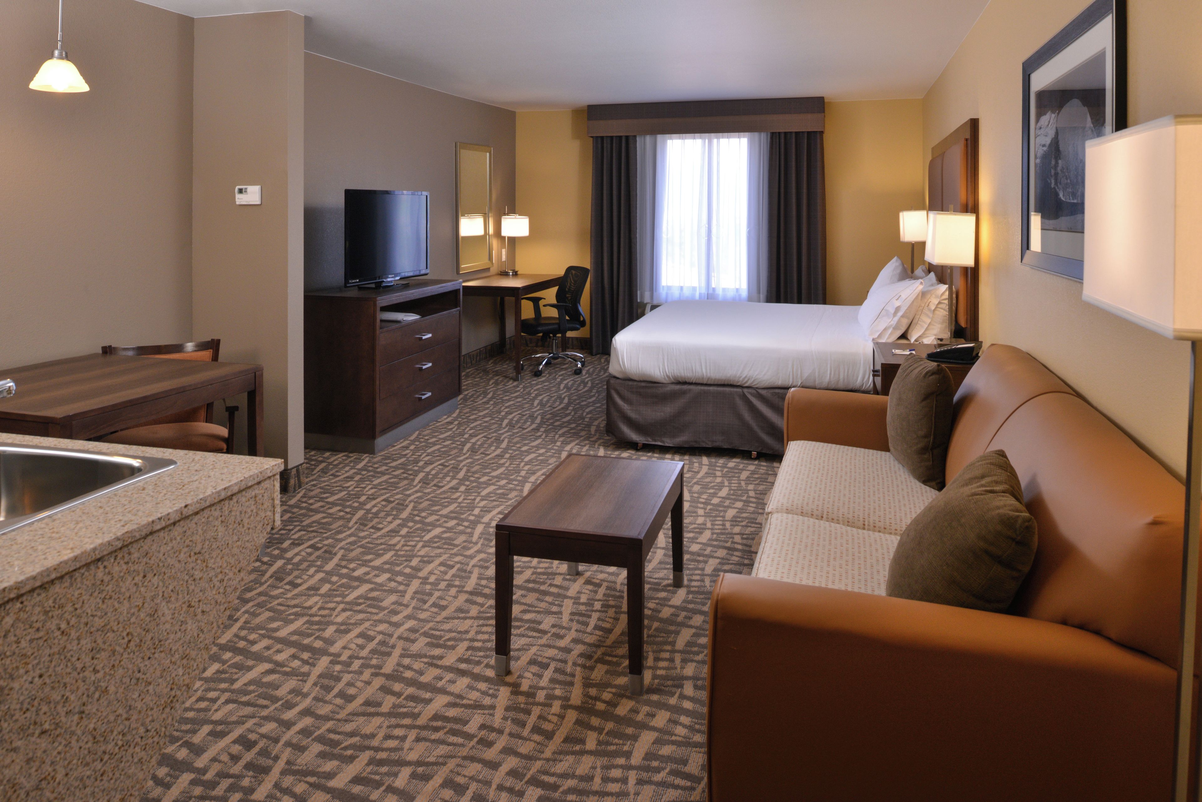 A hotel room with a bed, a sofa, a desk, a television, and a bathroom.