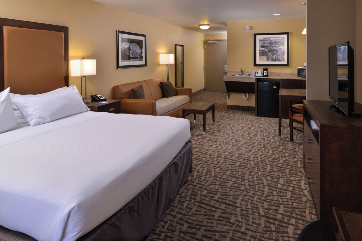 A hotel room with a large bed, a sofa, a desk, a television, and a bathroom visible in the background.