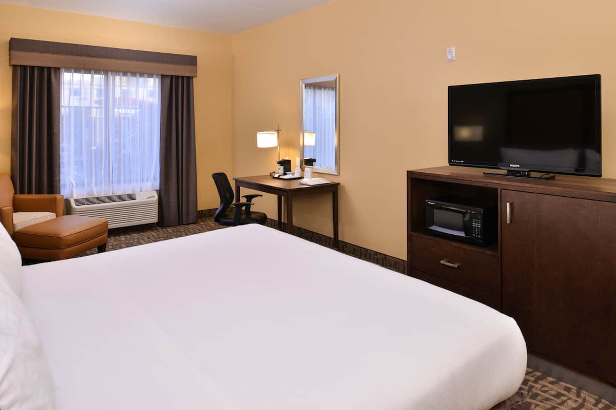 A hotel room with a large bed, a desk with a lamp, a television, and a minibar.