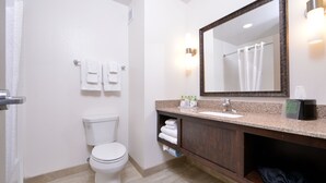 A modern bathroom with a white toilet, a sink with a mirror above it, and a shower curtain. - Holiday Inn Express & Suites Page - Lake Powell Area by IHG (Page)