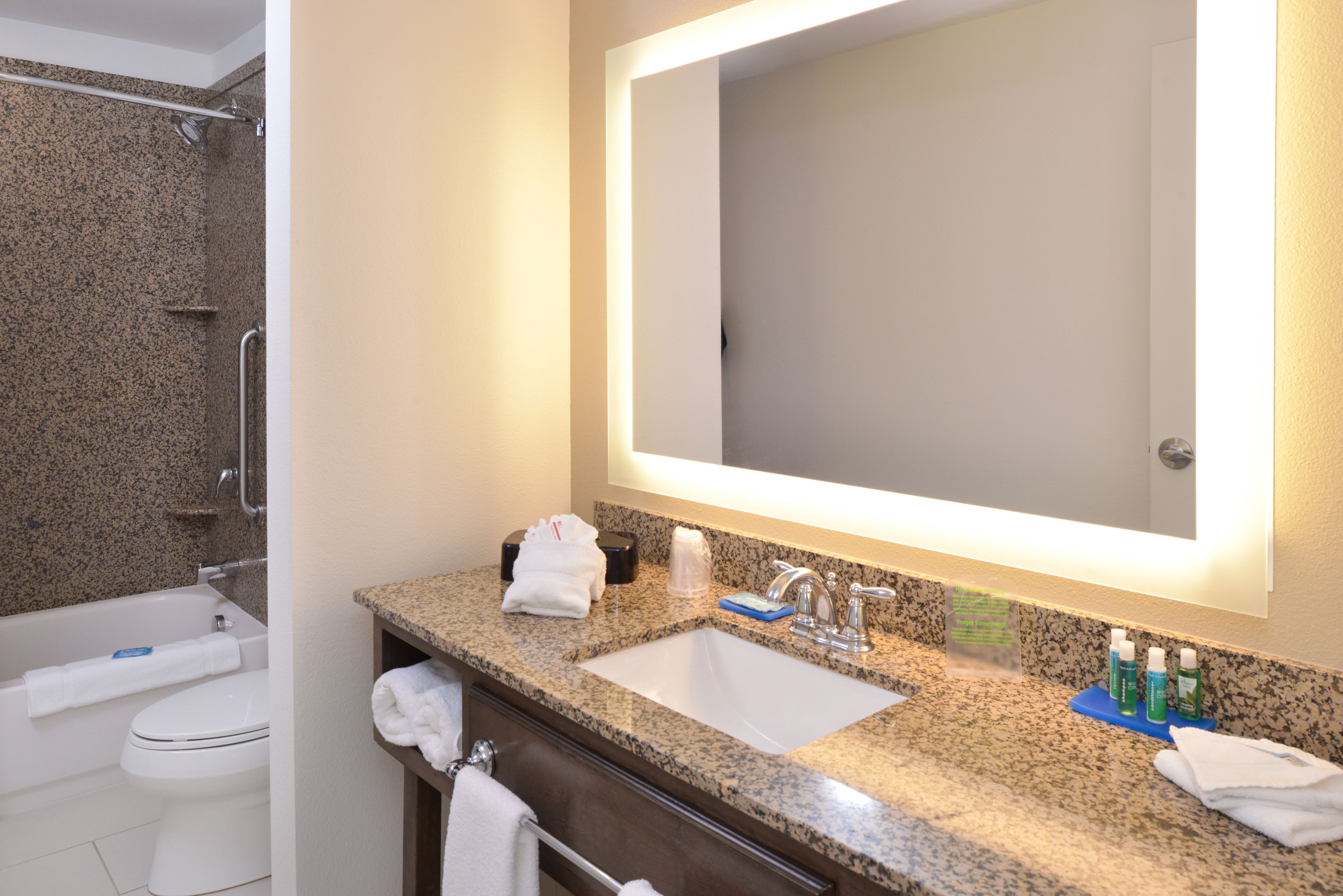 A bathroom with a granite countertop, a sink, a mirror, a shower, and a toilet.