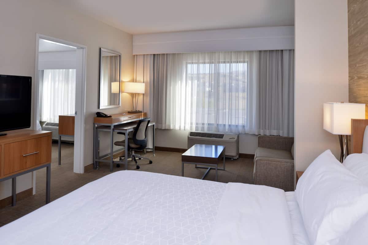 A hotel room with a large bed, a desk with a chair, a television, a desk lamp, a window with curtains, and a heater.