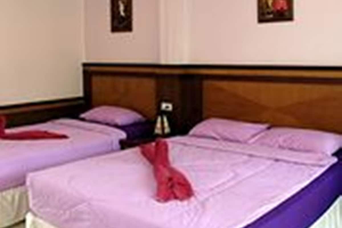 A hotel room with two beds, each with a purple bedspread and pillows. There is a wooden headboard, a wall-mounted air conditioner, and a framed picture on the wall.