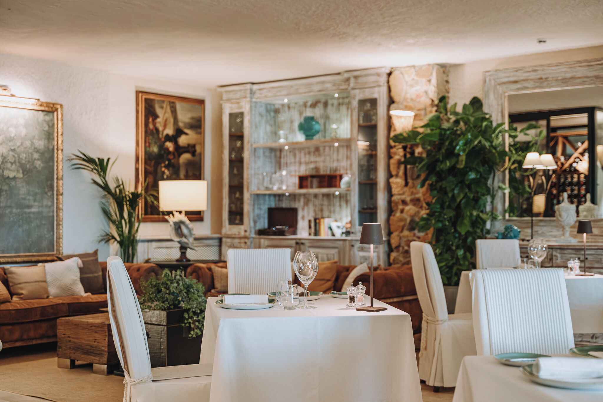 Un comedor con mesas dispuestas para dos personas, una estantería y una planta grande en maceta.