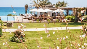A resort with a pool, lounge chairs, umbrellas, and a view of the ocean.