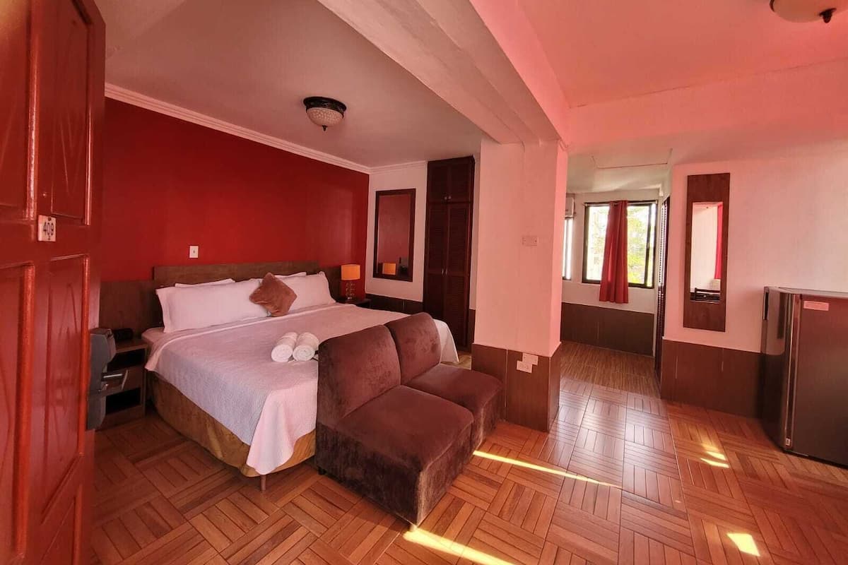 A hotel room with a bed, a sofa, a mirror, a wardrobe, and a refrigerator.