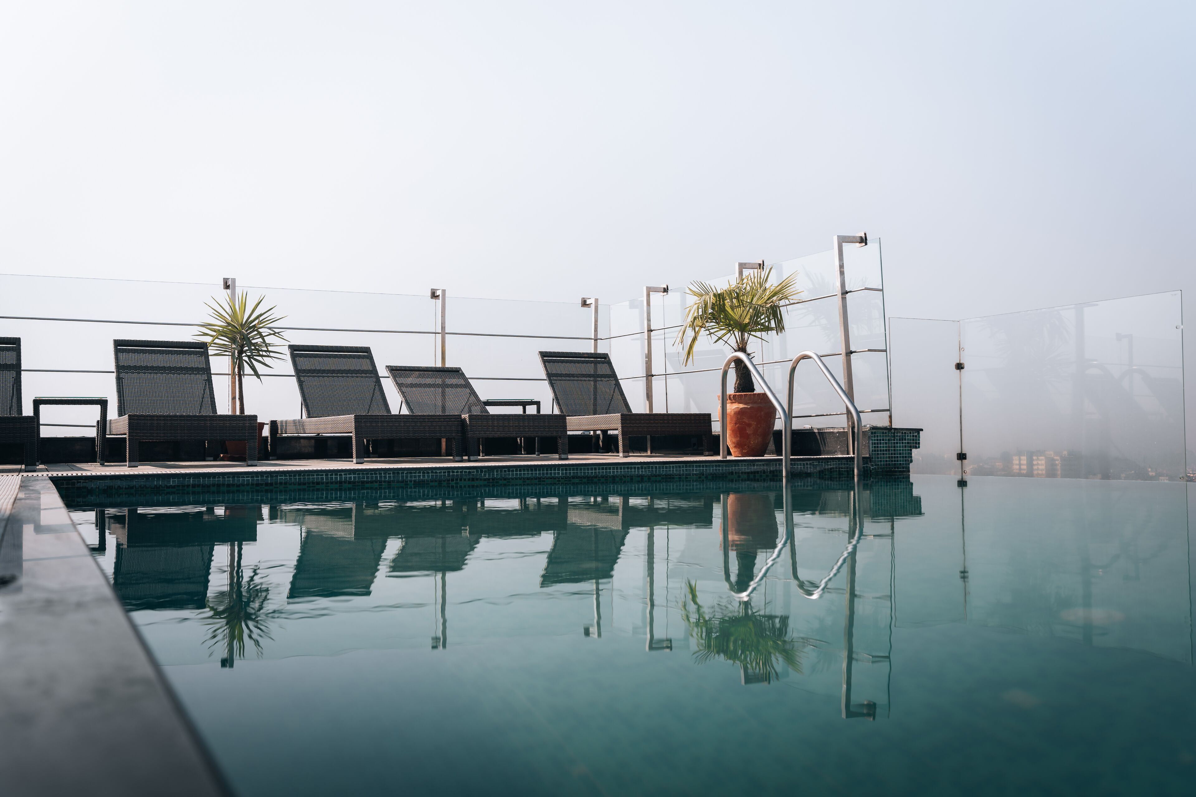 Vista clara de uma piscina com espreguiçadeiras e um grande vaso de plantas.