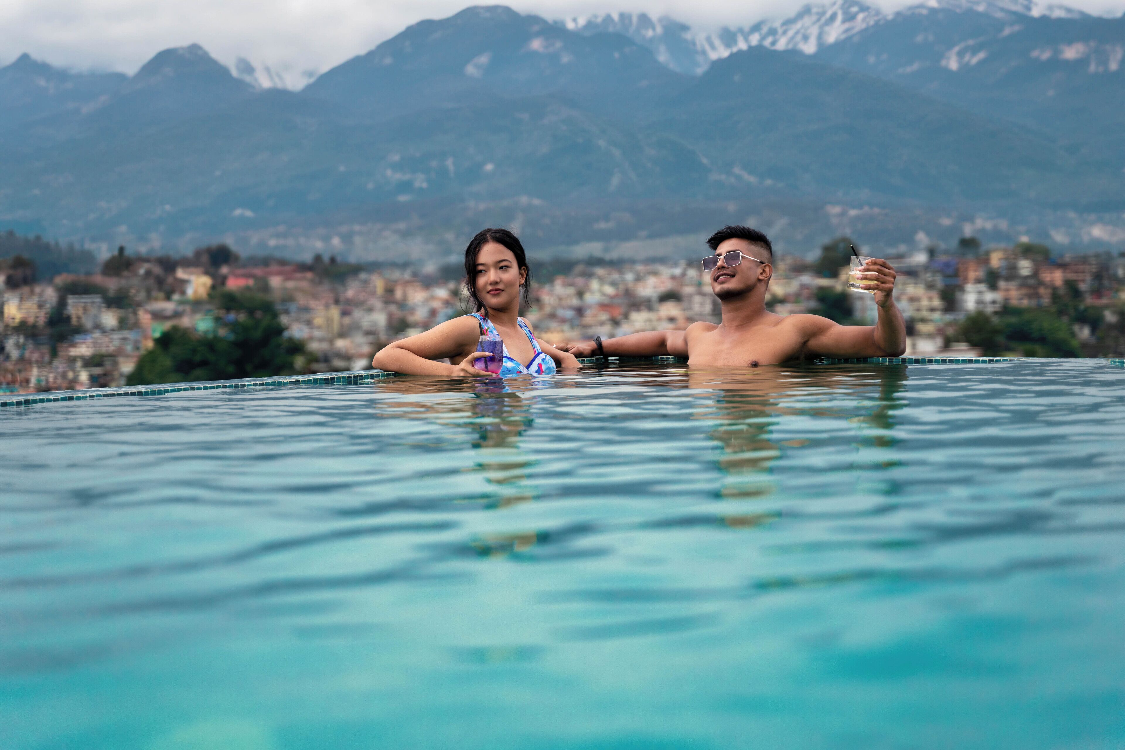 outdoor pool, pool loungers
