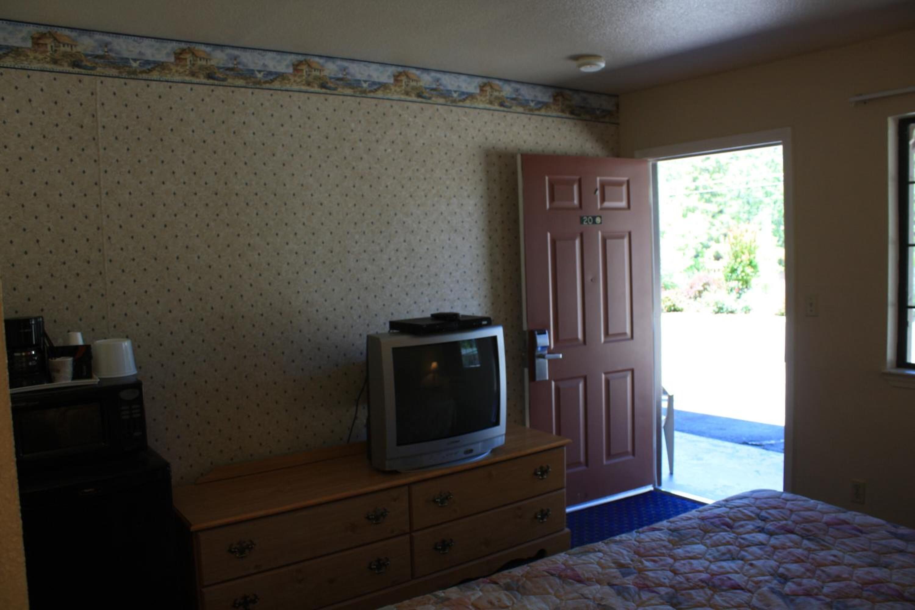 Un dormitorio con cama, cómoda, televisor y puerta que da al exterior.
