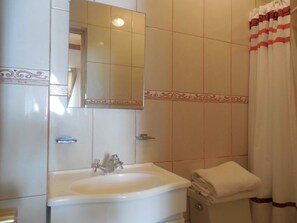 Combined shower/bathtub, free toiletries, hair dryer