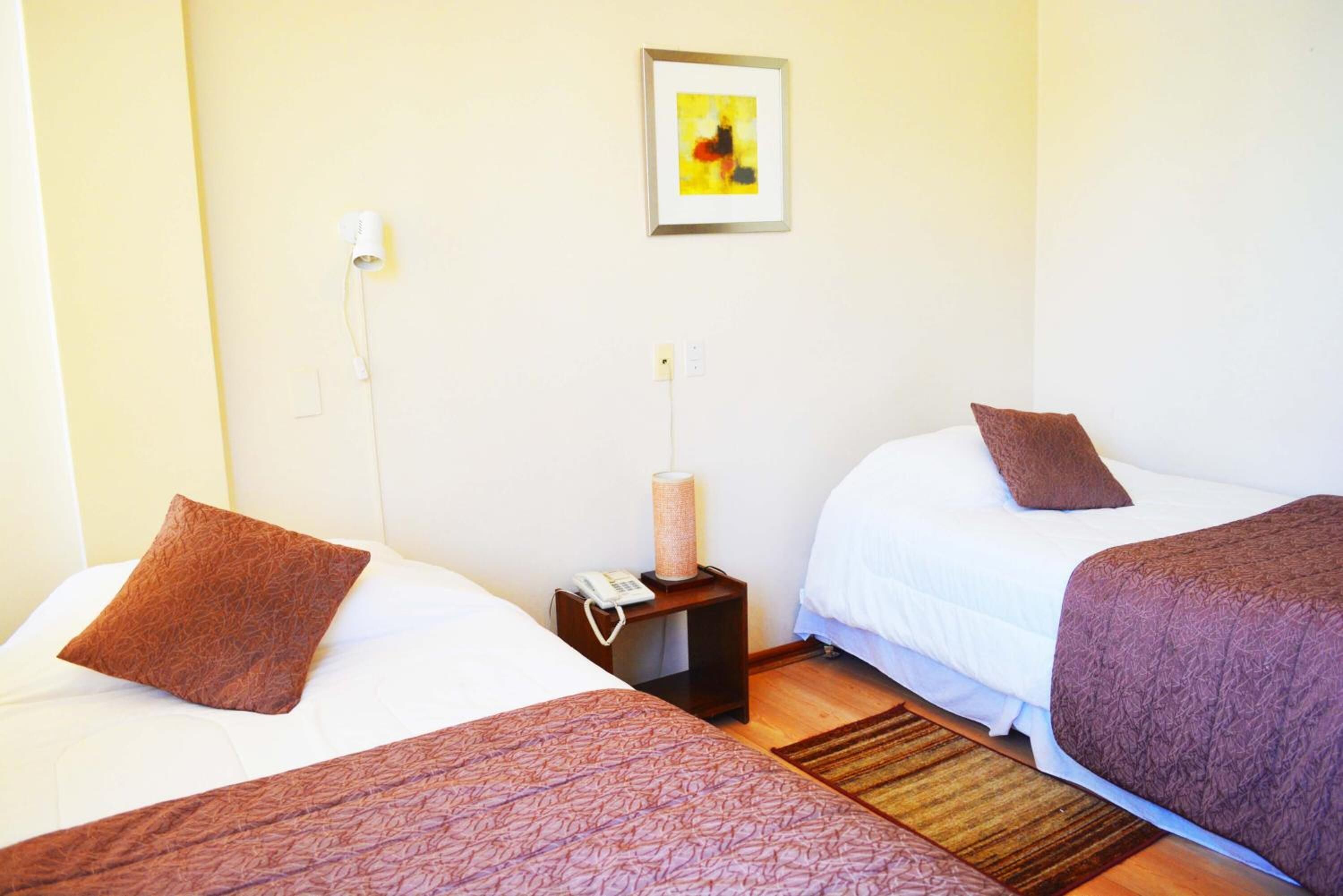 A hotel room with two beds, each with a brown pillow and a patterned bedspread. There is a small bedside table with a lamp and a phone. A framed picture hangs on the wall above the beds.