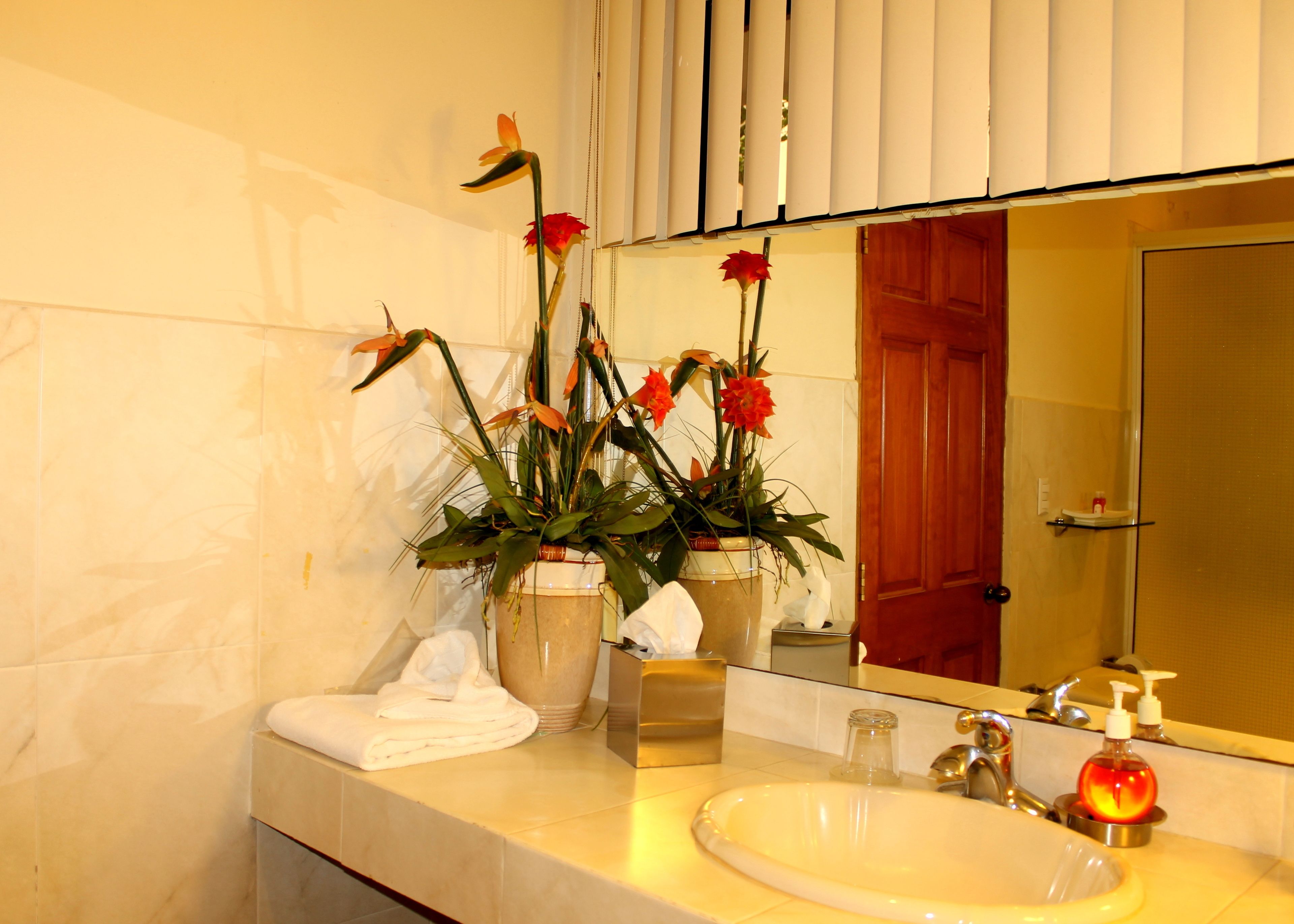 Ein Badezimmer mit Waschbecken, Spiegel und einer Vase mit Blumen.