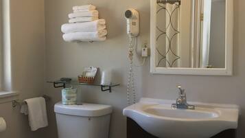 A bathroom with a toilet, a sink, a towel rack, and a hairdryer.