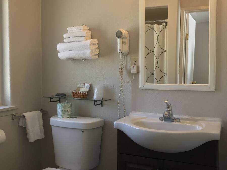 A bathroom with a toilet, a sink, a towel rack, and a hairdryer.