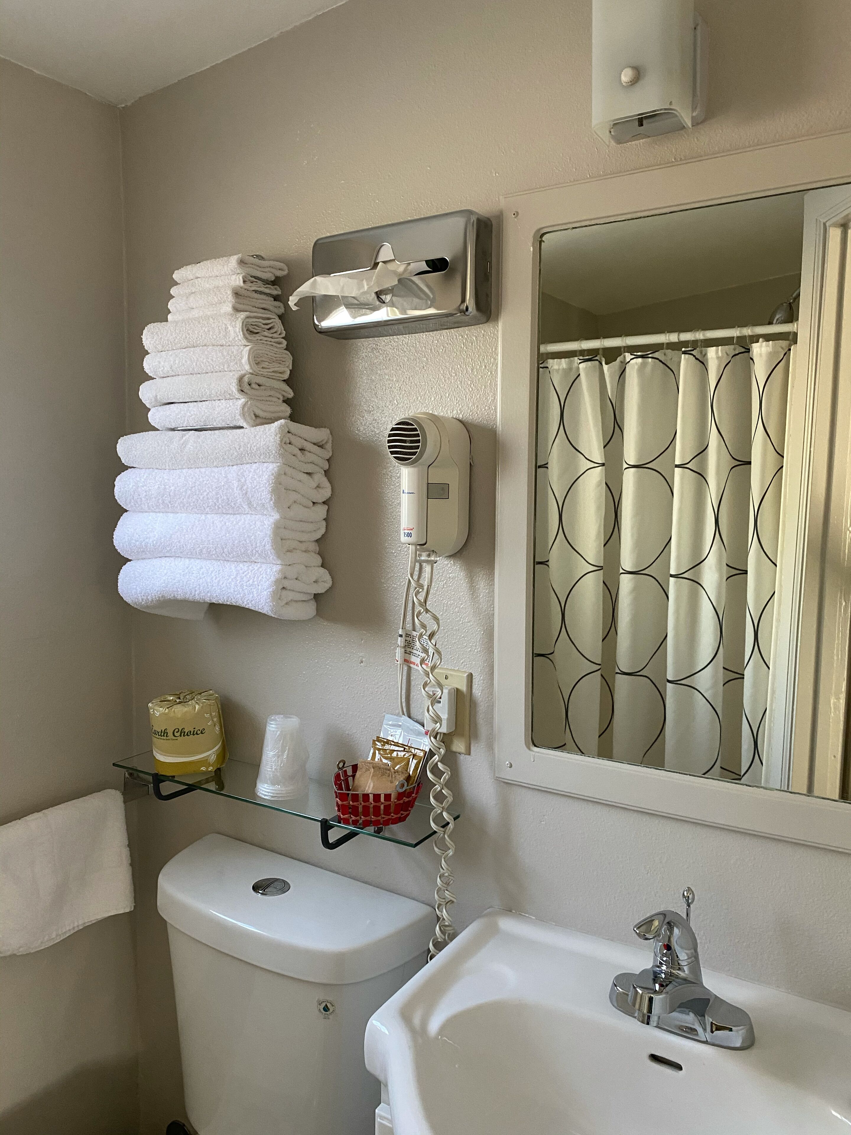 Un baño con inodoro, lavamanos, toallero, secador de pelo y cortina de ducha.