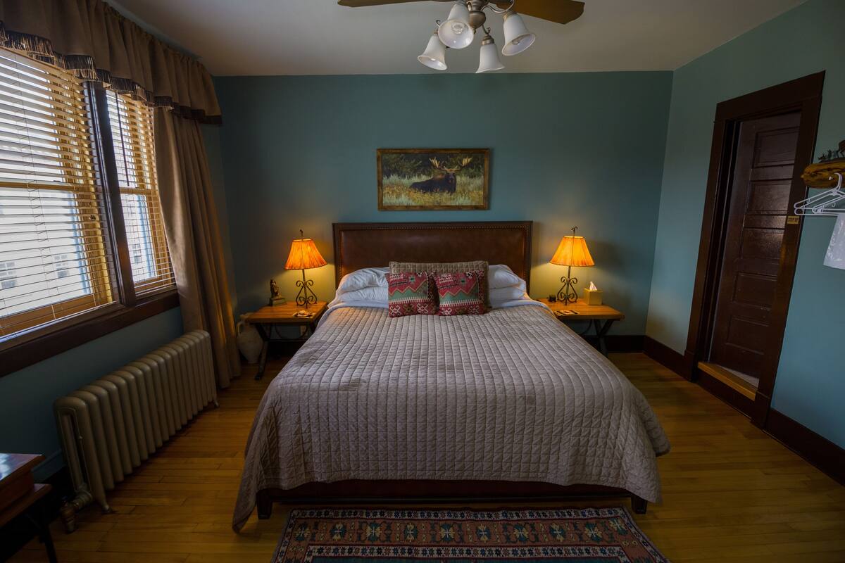 A bedroom with a large bed, two bedside lamps, a ceiling fan, a radiator, and a door with a coat rack.