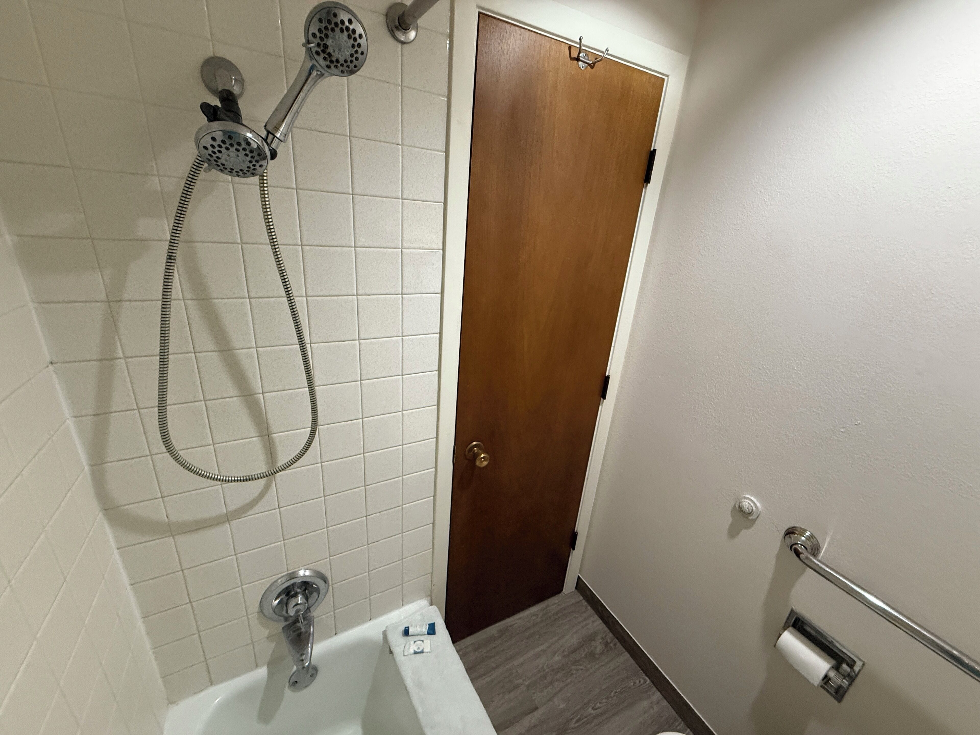 A bathroom with a shower, toilet, and a wooden door.