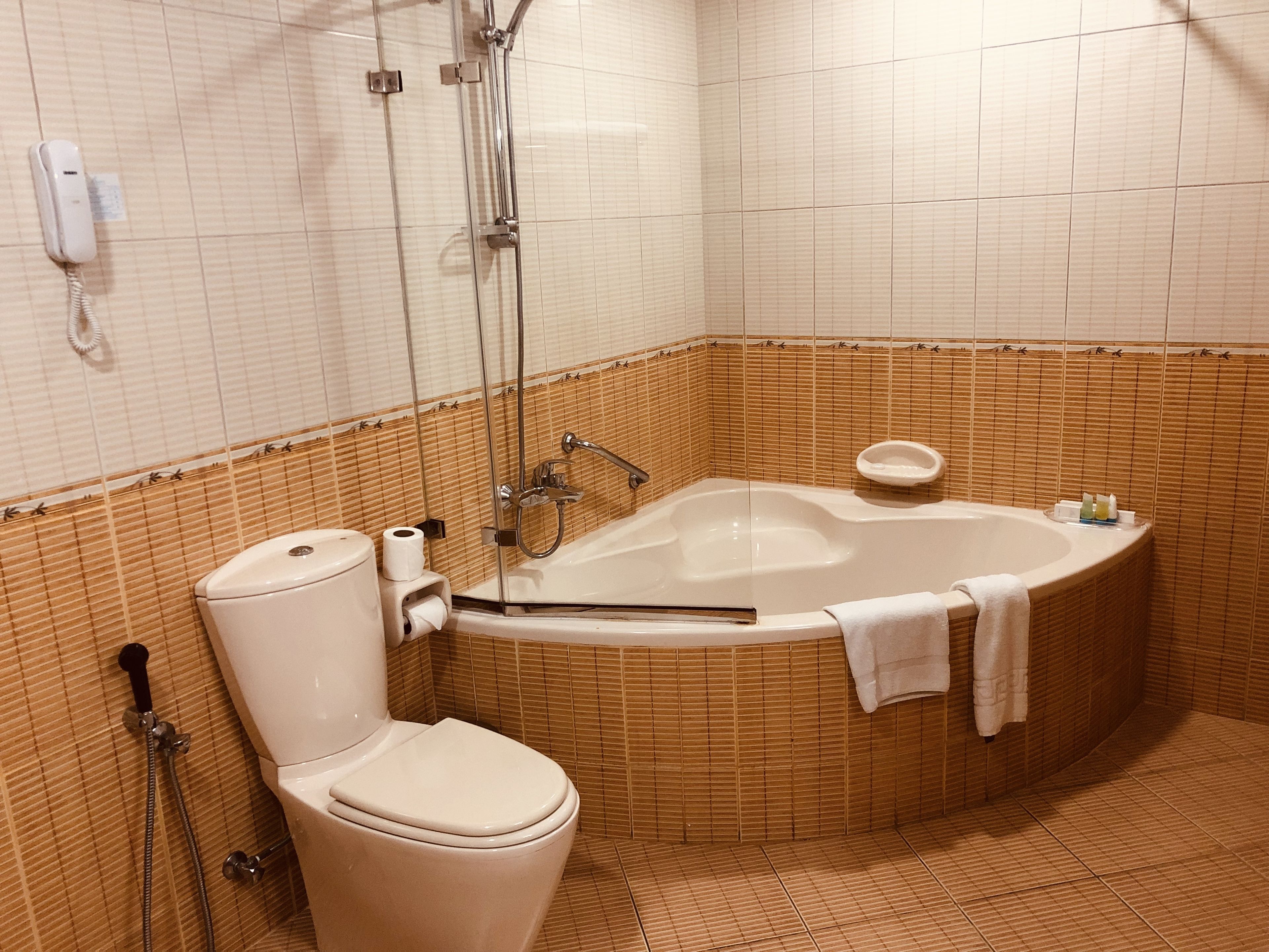 A bathroom with a bathtub, toilet, and shower.