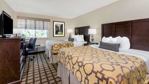 A hotel room with two beds, a desk, a chair, a television, and a window with blinds. - Baymont by Wyndham Erie (Erie)