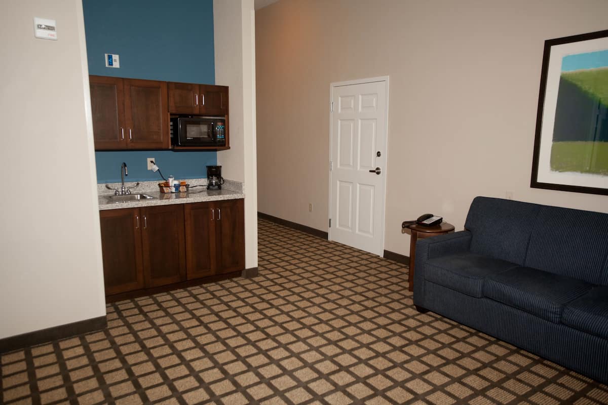 Un espacio habitable compacto con kitchenette, una puerta, suelo estampado y un sofá azul.