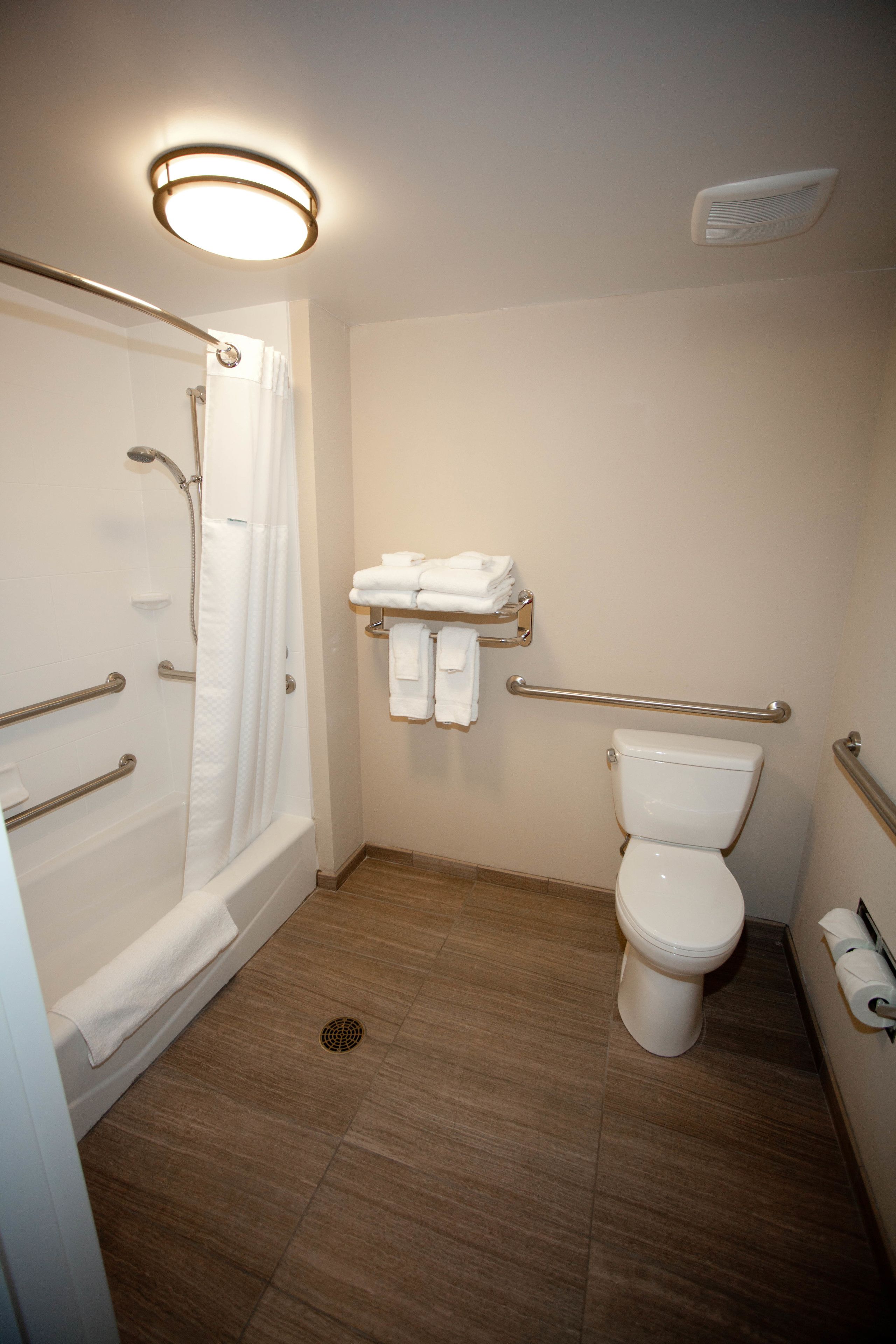 Ein Badezimmer mit Badewanne, Toilette und Dusche. Es sind Haltegriffe, ein Handtuchhalter und ein Deckenventil vorhanden.