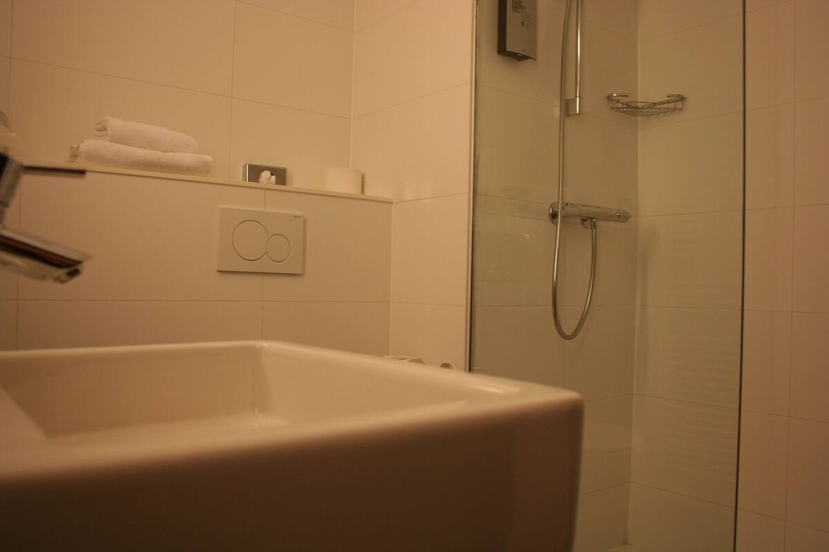 deluxe room | bathroom | shower, hair dryer, towels