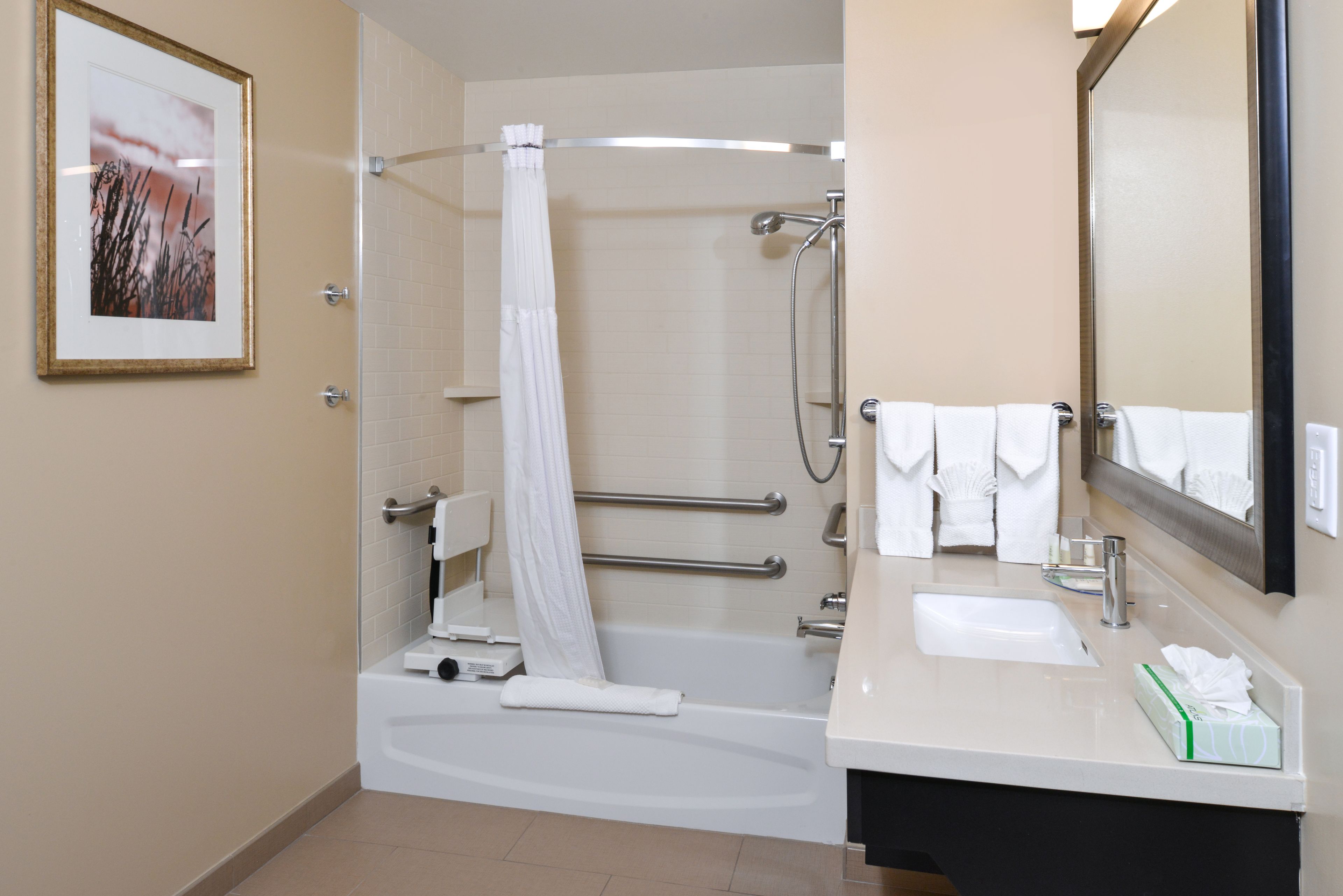 studio suite, 1 king bed, accessible bathtub, kitchen (accessible tub) | bathroom | combined shower/bathtub, hair dryer, towels