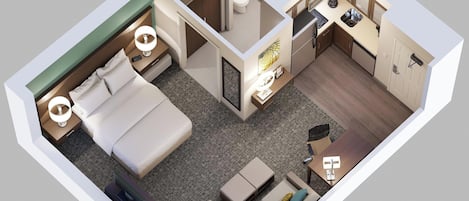 Kolmiulotteinen visualisointi hotellihuoneesta, jossa on sänky, oleskelualue, pieni keittiö ja kylpyhuone.