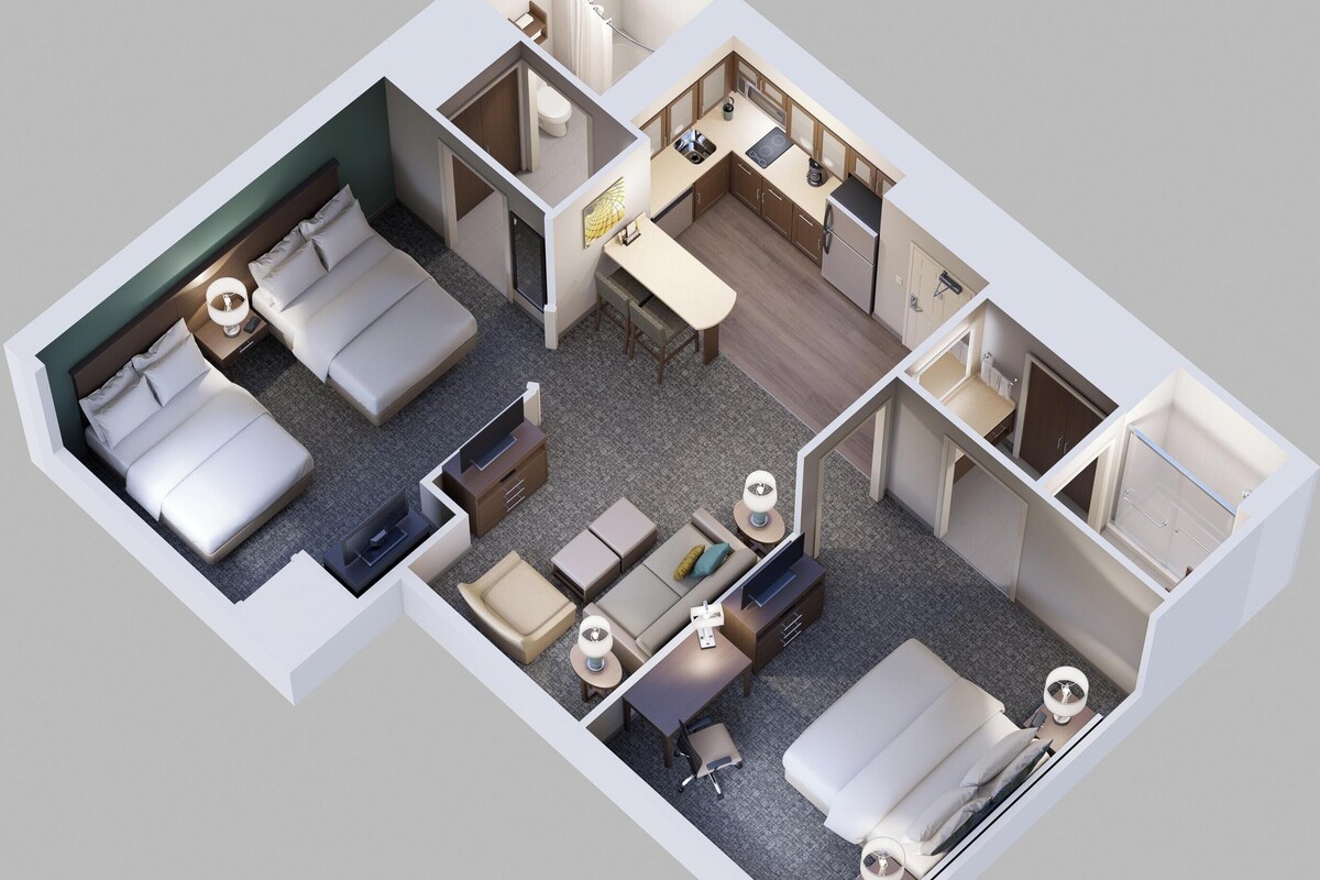Suite, 2 soverom, kjøkken | Skrivebord, blendingsgardiner, strykejern/-brett og wi-fi (inkludert)