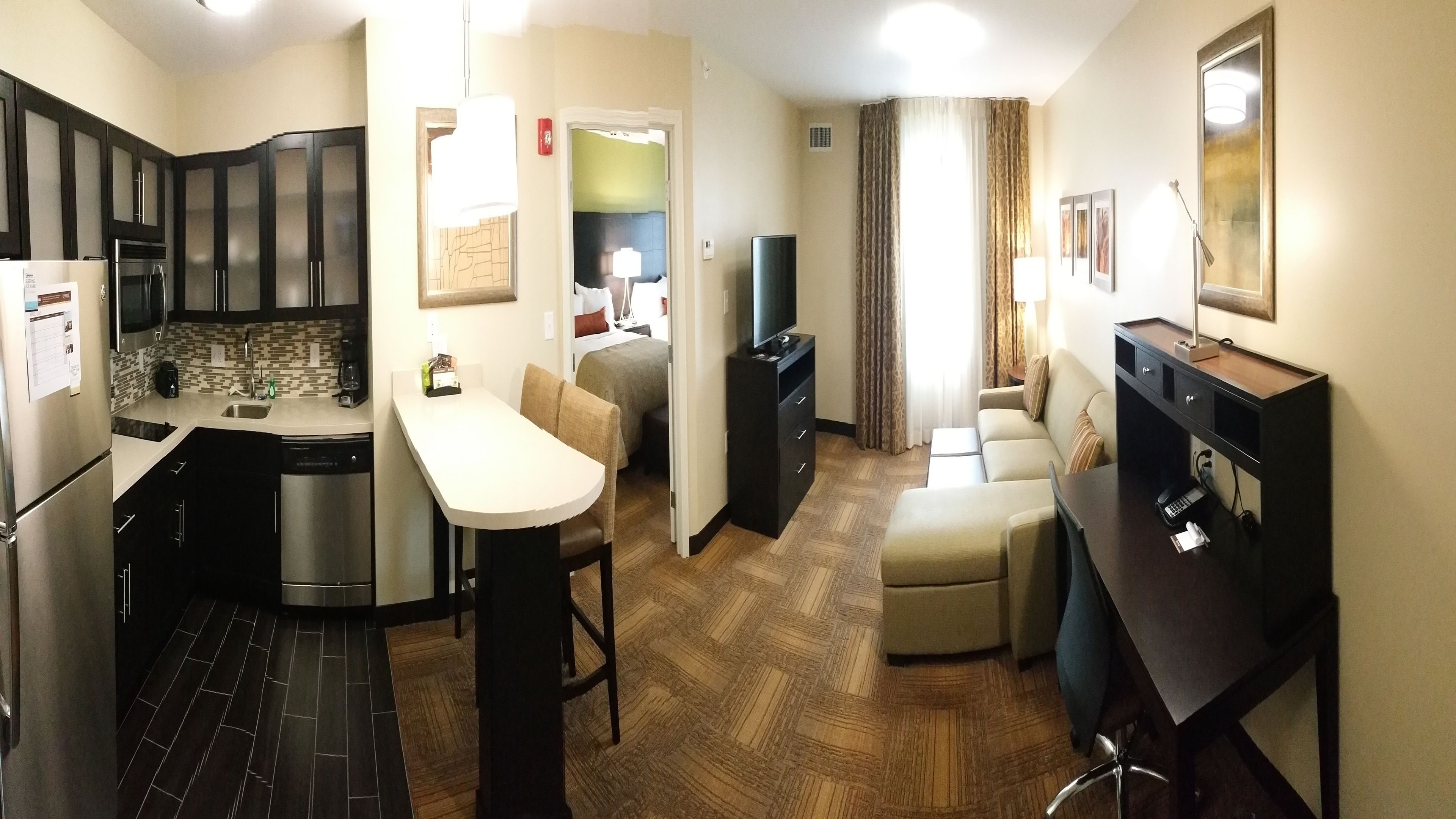 1 bedroom, desk, blackout curtains, iron/ironing board